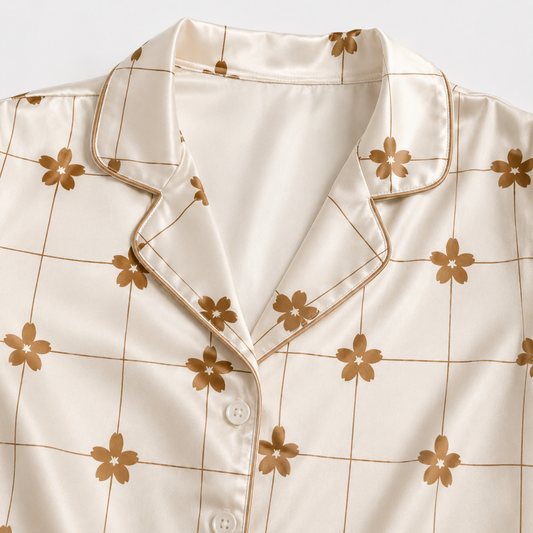 PJ-M268-Classic Flower Pattern Satin Pajama Set, Stylish Matching Nightwear for Everyday Comfort