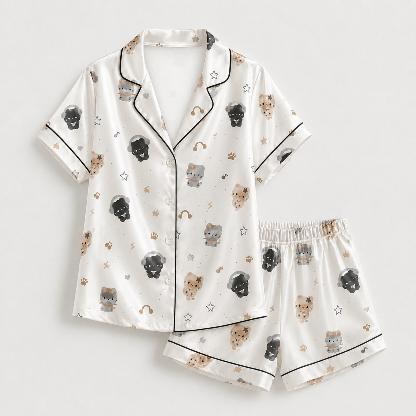PJ-M273-Cartoon Kitty Pajama Set with Premium Soft Fabric and Adorable All Over Cat Print