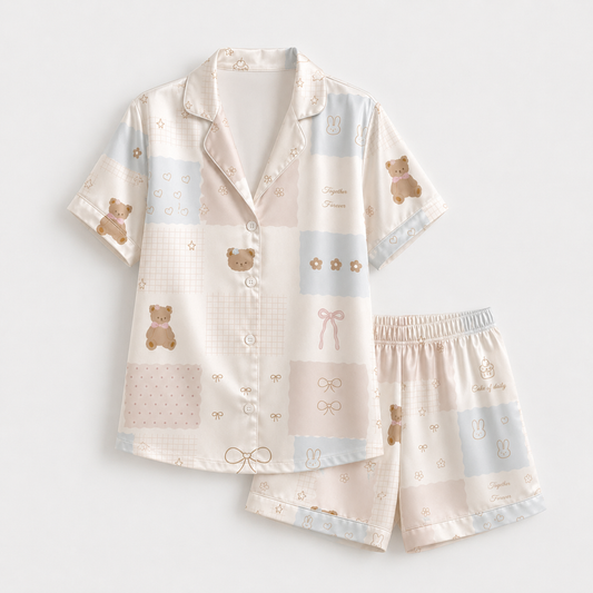 PJ-M274-Classic Ribbon Teddy Design Satin Pajama Set, Luxurious Matching Sleepwear Collection