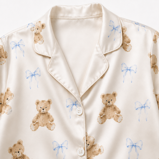 PJ-M275-Cozy Teddy Bear and Ribbon Satin Pajama Set with Soft Matching Sleepwear for Everyday Comfort