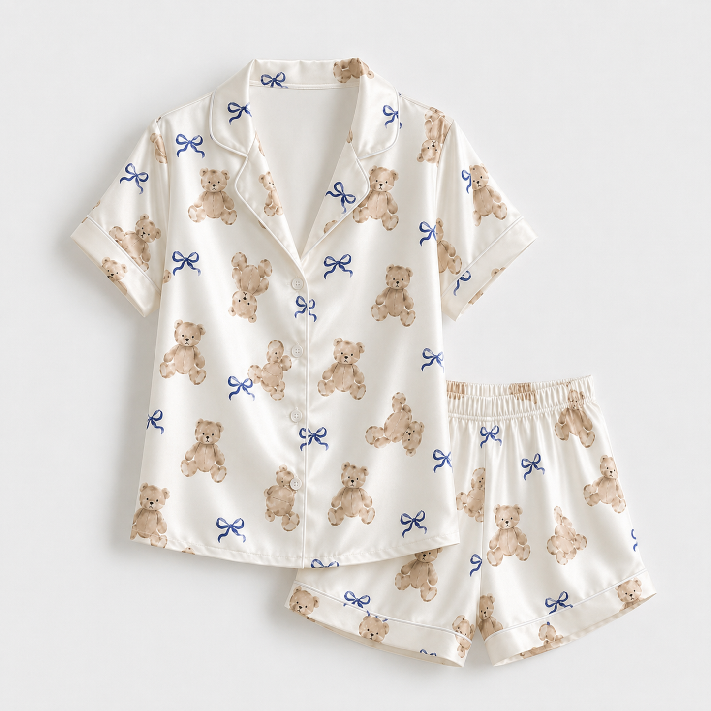 PJ-M276-Elegant Teddy Bear Ribbon Print Satin Pajama Set with Coordinated Lounge and Sleepwear