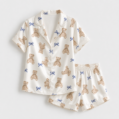 PJ-M276-Elegant Teddy Bear Ribbon Print Satin Pajama Set with Coordinated Lounge and Sleepwear