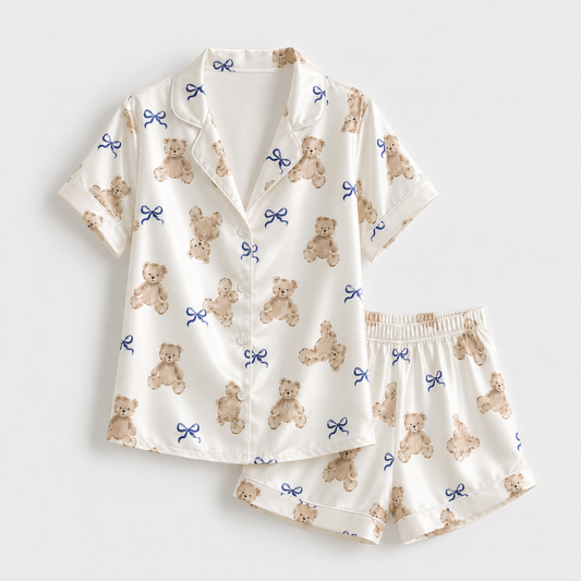 PJ-M276-Elegant Teddy Bear Ribbon Print Satin Pajama Set with Coordinated Lounge and Sleepwear