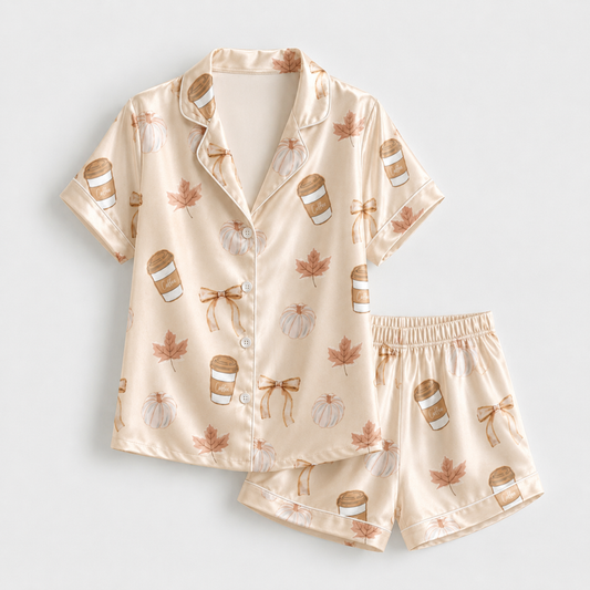 PJ-M277-Coffee Print Pajama Set with Soft Breathable Fabric for Cozy Everyday Sleepwear
