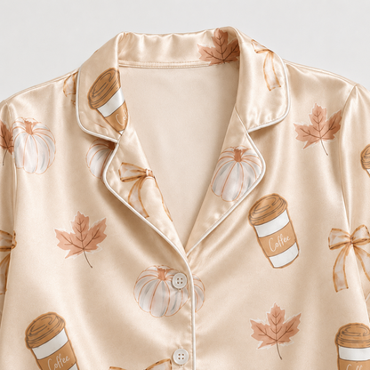 PJ-M277-Coffee Print Pajama Set with Soft Breathable Fabric for Cozy Everyday Sleepwear