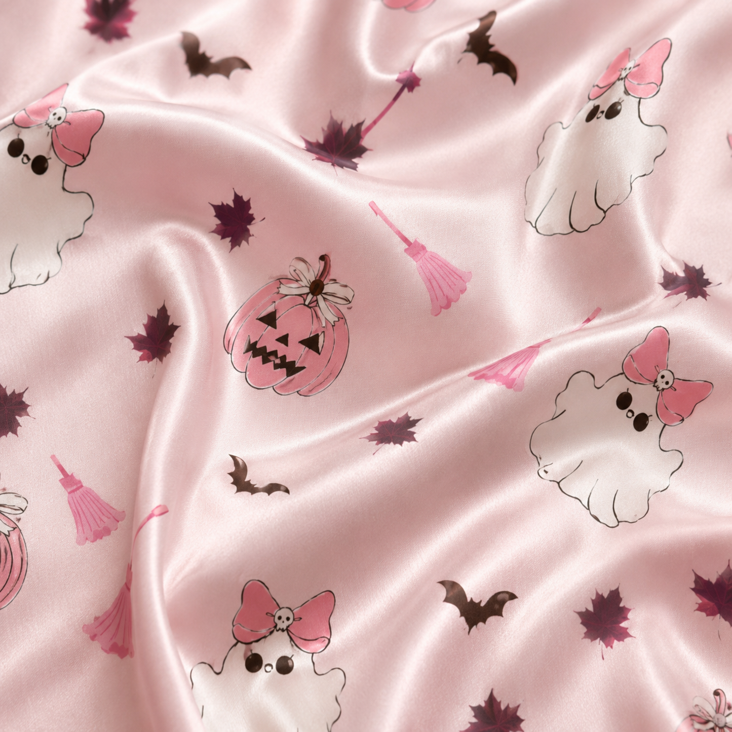 PJ-M278-Pink Halloween Satin Pajama Set with Festive Seasonal Print for Cozy Matching Sleepwear