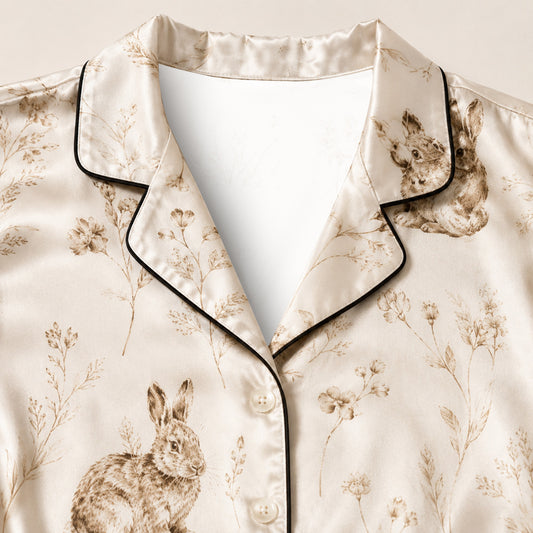 PJ-M280-Cute Rabbit Satin Pajama Set with Charming Cartoon Bunny Pattern for Cozy Everyday Sleepwear