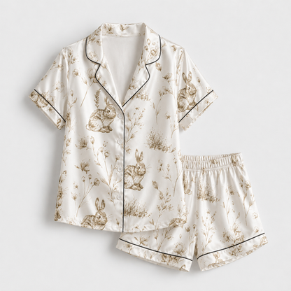 PJ-M280-Cute Rabbit Satin Pajama Set with Charming Cartoon Bunny Pattern for Cozy Everyday Sleepwear