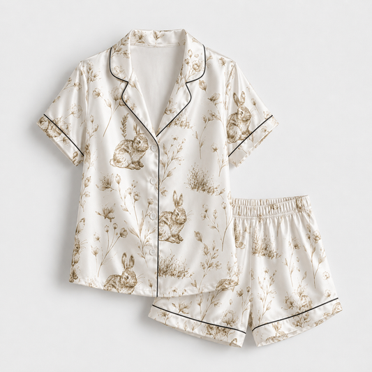 PJ-M280-Cute Rabbit Satin Pajama Set with Charming Cartoon Bunny Pattern for Cozy Everyday Sleepwear