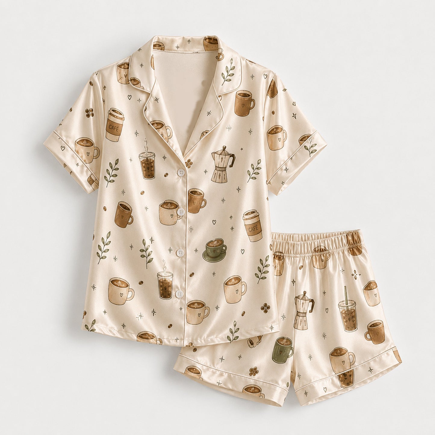 PJ-M282-Coffee Lover Pajama Set with Adorable Mug Print and Soft Everyday Comfort