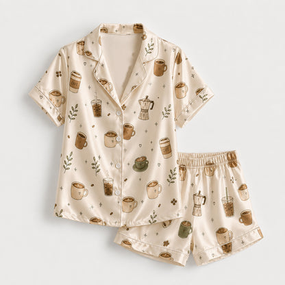 PJ-M282-Coffee Lover Pajama Set with Adorable Mug Print and Soft Everyday Comfort