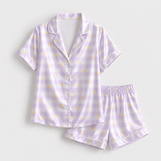 PJ-M284-Lavender Plaid Sleepwear with Star Pattern with Soft Breathable Fabric for Cozy Everyday Sleepwear