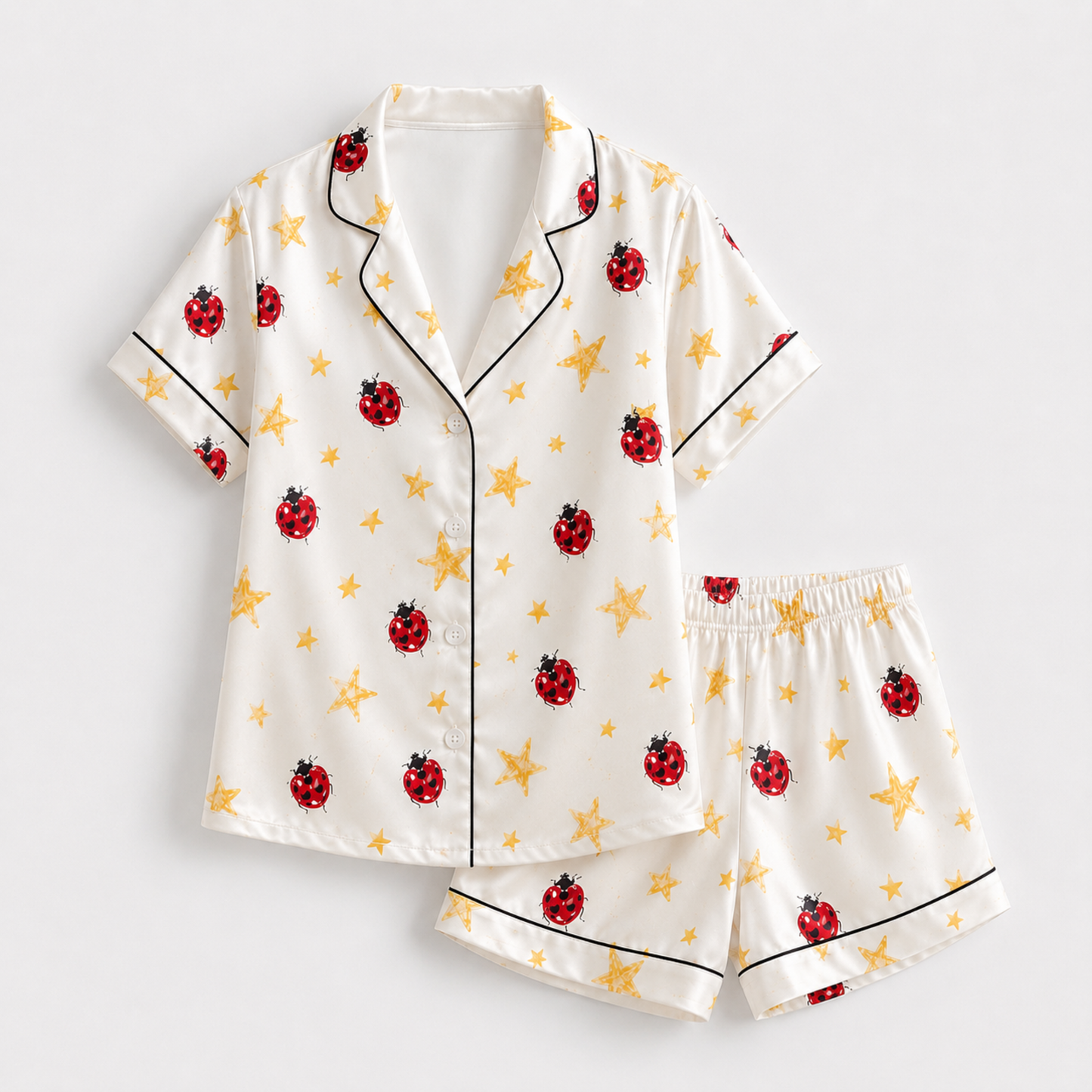 PJ-M285-Whimsical Ladybug Print Lounge Set – Soft Satin Comfort