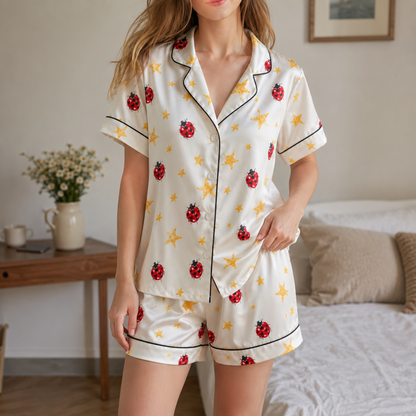 PJ-M285-Whimsical Ladybug Print Lounge Set – Soft Satin Comfort