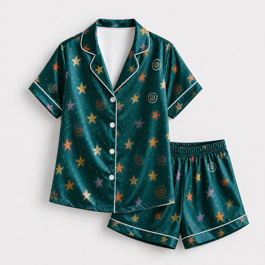 PJ-M286-Celestial Stars Satin Pajama Set, Matching Sleepwear and Cozy Loungewear Collection