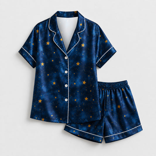 PJ-M287-Star Print Satin Pajama Set, Soft Matching Sleepwear for Everyday Comfort