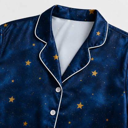 PJ-M287-Star Print Satin Pajama Set, Soft Matching Sleepwear for Everyday Comfort