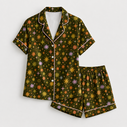 PJ-M288-Celestial Pattern Satin Pajama Set, Premium Sleepwear and Relaxing Lounge Outfit