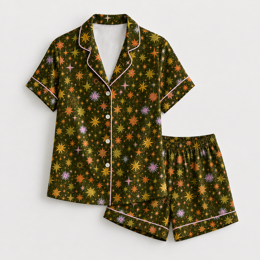 PJ-M288-Celestial Pattern Satin Pajama Set, Premium Sleepwear and Relaxing Lounge Outfit