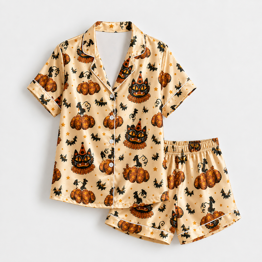 PJ-M289-Halloween Satin Pajama Set with Spooky Matching Lounge Outfit for Cozy Sleepwear