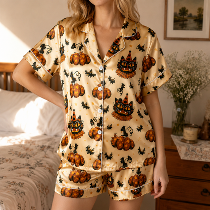 PJ-M289-Halloween Satin Pajama Set with Spooky Matching Lounge Outfit for Cozy Sleepwear