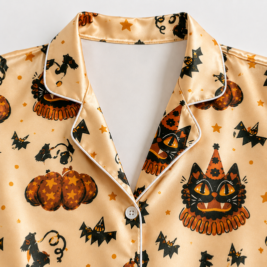 PJ-M289-Halloween Satin Pajama Set with Spooky Matching Lounge Outfit for Cozy Sleepwear