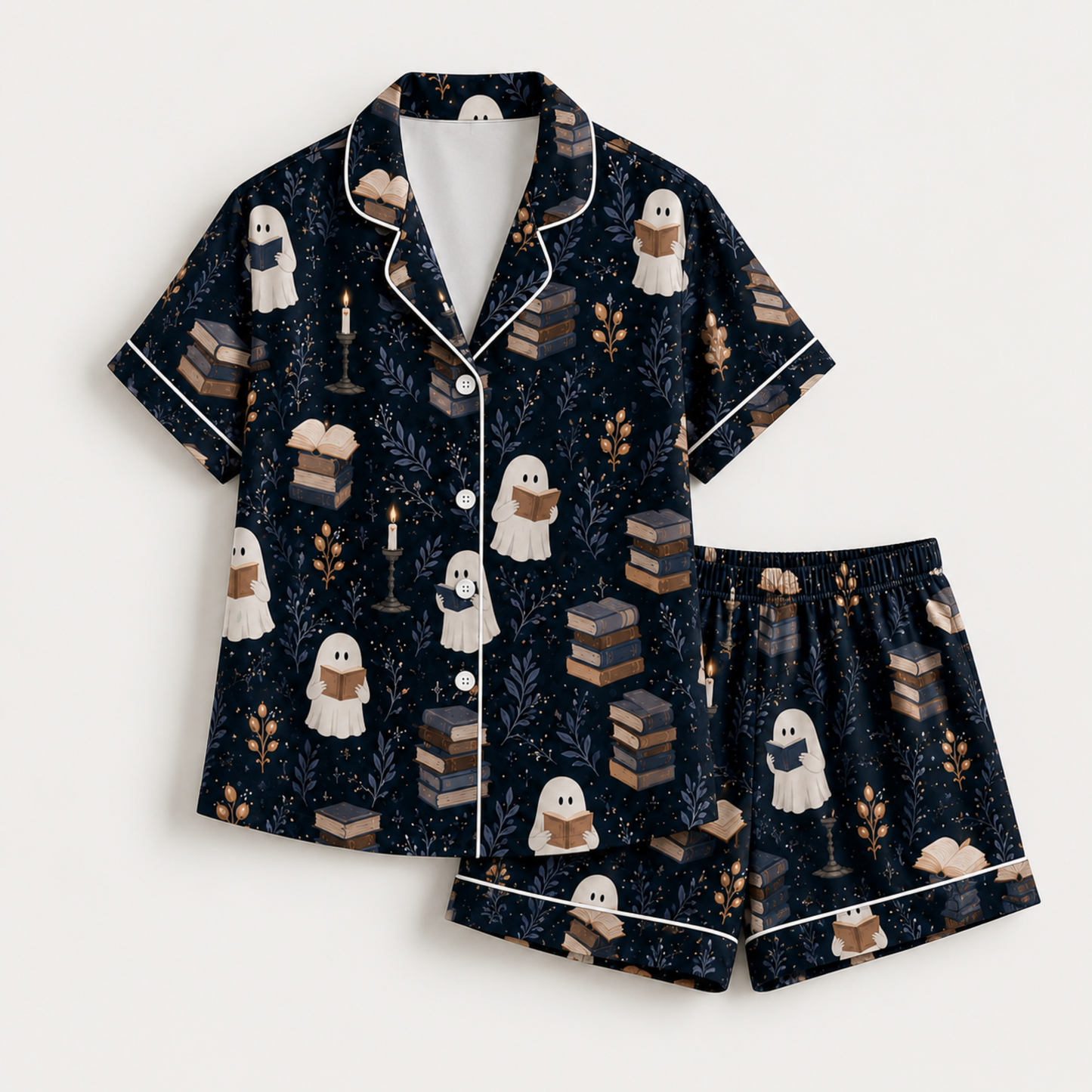 PJ-M290-Spooky Halloween Satin Pajama Set with Coordinated Lounge Sleepwear for Cozy Nights