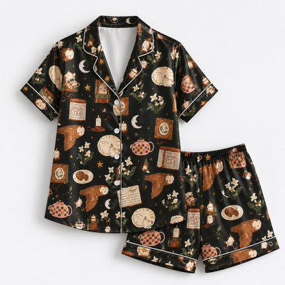 PJ-M291-Halloween Satin Pajama Set with Festive Seasonal Pattern for Cozy Lounge Sleepwear