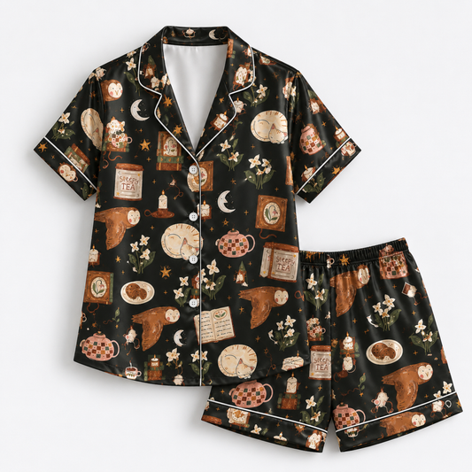 PJ-M291-Halloween Satin Pajama Set with Festive Seasonal Pattern for Cozy Lounge Sleepwear