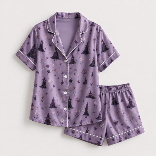 PJ-M292-Halloween Celebration Satin Pajama Set, Cozy Matching Sleepwear with Festive Pattern