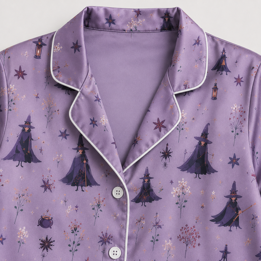 PJ-M292-Halloween Celebration Satin Pajama Set, Cozy Matching Sleepwear with Festive Pattern