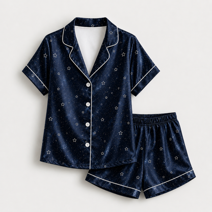 PJ-M293-Starry Night Satin Pajama Set, Luxurious Sleepwear with Celestial Inspired Pattern