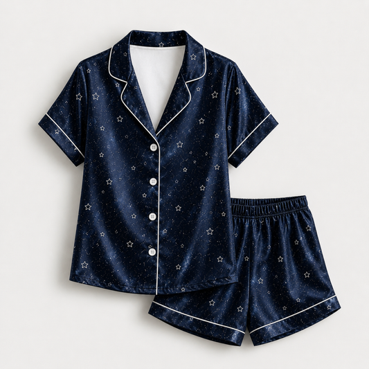 PJ-M293-Starry Night Satin Pajama Set, Luxurious Sleepwear with Celestial Inspired Pattern