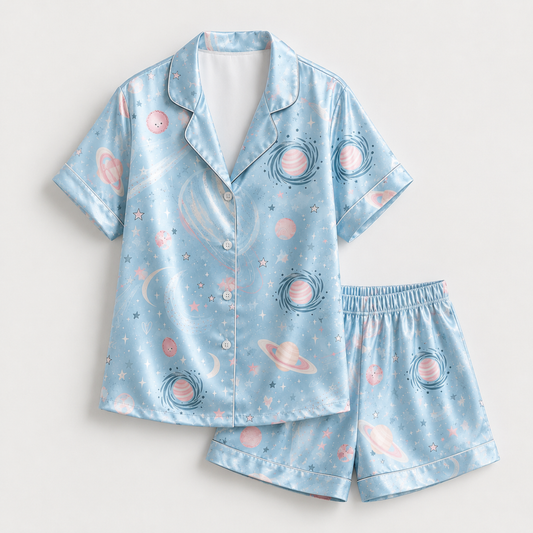 PJ-M294-Celestial Theme Satin Pajama Set with Starry Sky Print, Elegant Matching Sleepwear