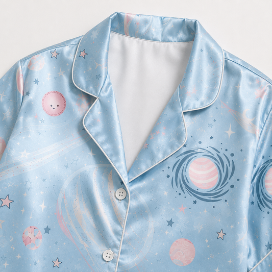 PJ-M294-Celestial Theme Satin Pajama Set with Starry Sky Print, Elegant Matching Sleepwear