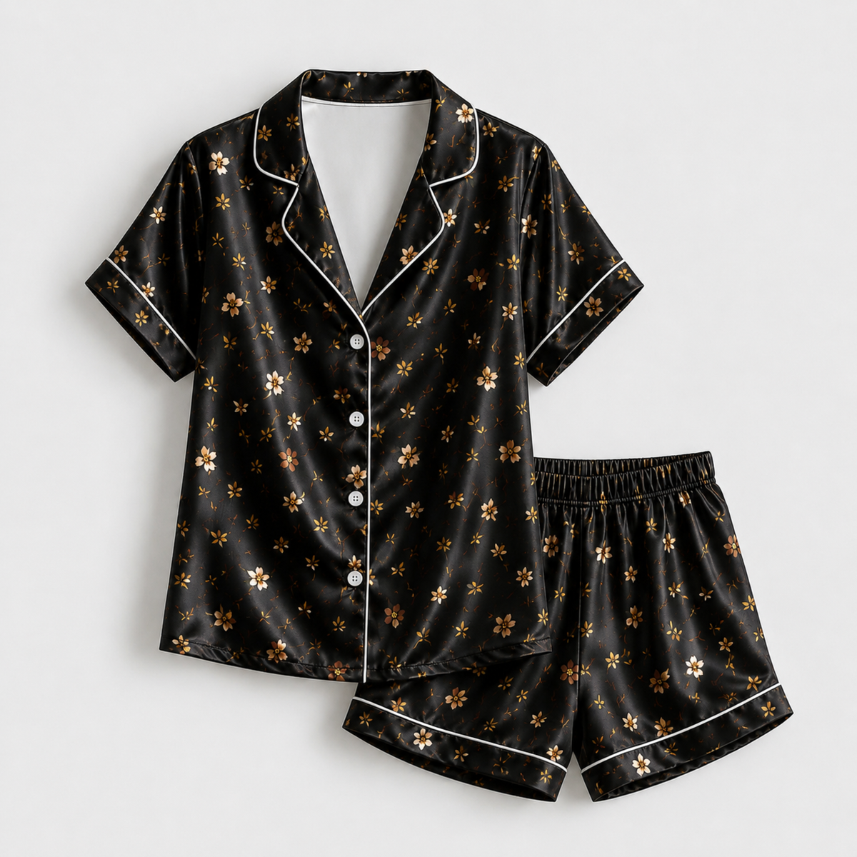 PJ-M295-Black Flower Floral Daisy Print Pajama Set with Relaxed Fit and Soft Everyday Comfort