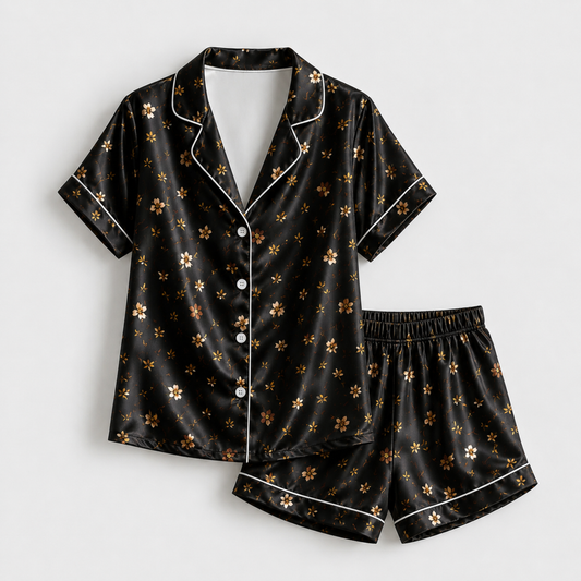 PJ-M295-Black Flower Floral Daisy Print Pajama Set with Relaxed Fit and Soft Everyday Comfort