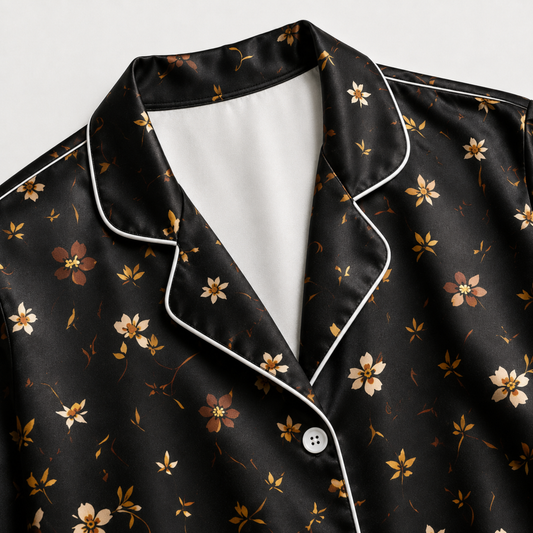 PJ-M295-Black Flower Floral Daisy Print Pajama Set with Relaxed Fit and Soft Everyday Comfort