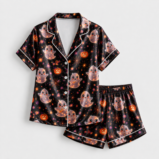 PJ-M296-Holiday Theme Satin Pajama Set with Halloween Pattern, Soft Matching Sleepwear