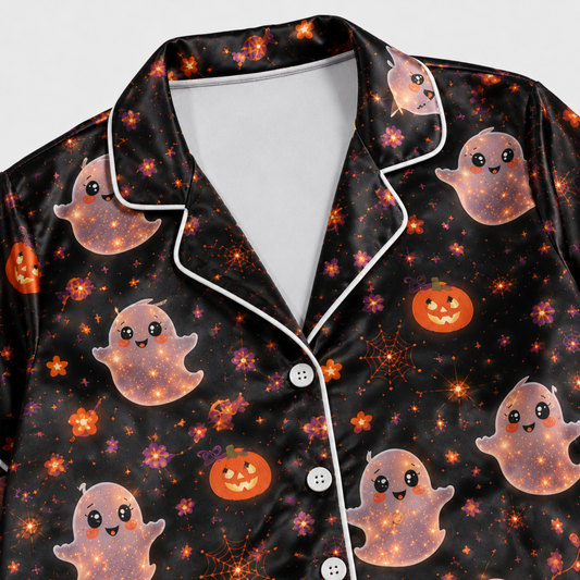 PJ-M296-Holiday Theme Satin Pajama Set with Halloween Pattern, Soft Matching Sleepwear