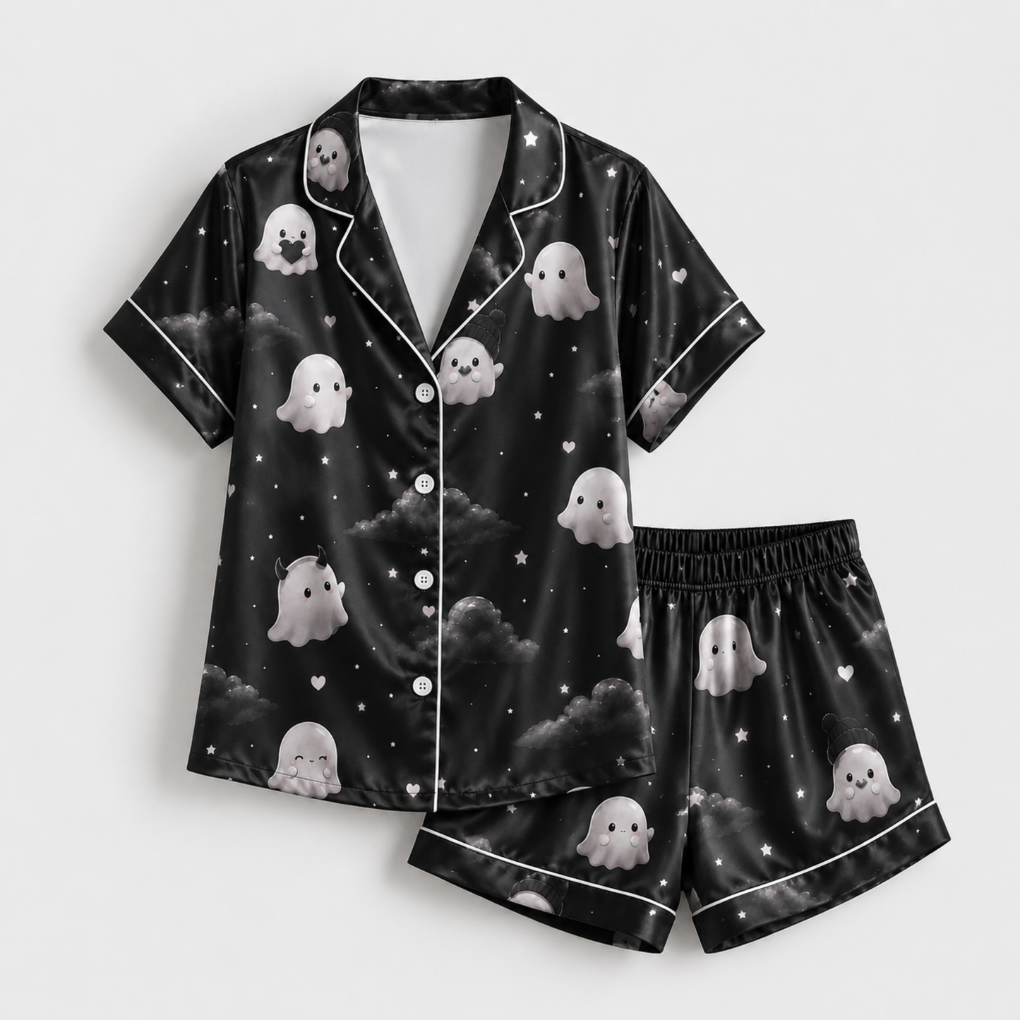 PJ-M297-Halloween Inspired Satin Pajama Set, Stylish Matching Sleepwear and Loungewear