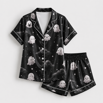 PJ-M297-Halloween Inspired Satin Pajama Set, Stylish Matching Sleepwear and Loungewear