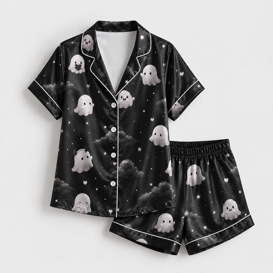 PJ-M297-Halloween Inspired Satin Pajama Set, Stylish Matching Sleepwear and Loungewear