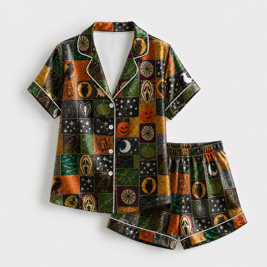 PJ-M298-Spooky Season Satin Pajama Set, Comfortable Matching Nightwear and Lounge Outfit