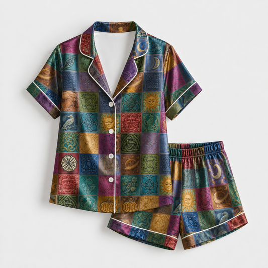 PJ-M299-Constellation and Celestial Print Satin Pajama Set, Premium Matching Sleepwear Collection