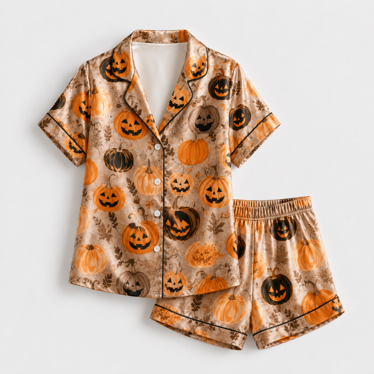 PJ-M300-Halloween Pattern Satin Pajama Set, Soft Matching Sleepwear for Everyday Comfort