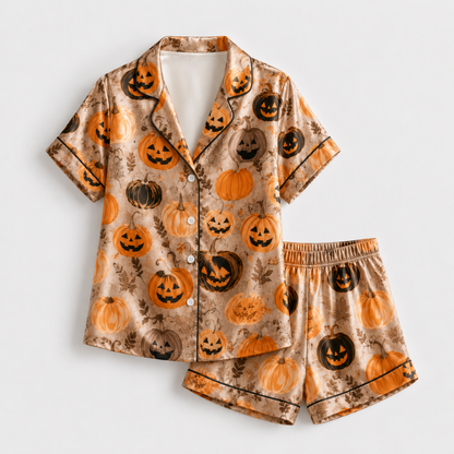 PJ-M300-Halloween Pattern Satin Pajama Set, Soft Matching Sleepwear for Everyday Comfort