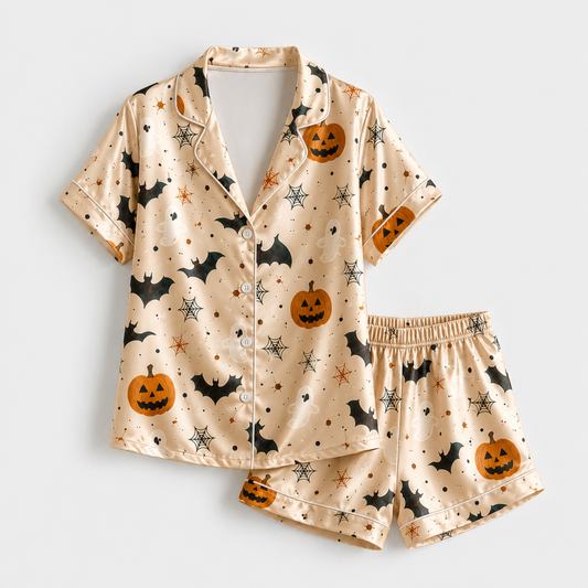 PJ-M301-Halloween Theme Satin Pajama Set, Matching Sleepwear and Cozy Loungewear