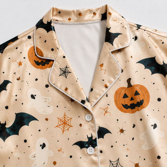 PJ-M301-Halloween Theme Satin Pajama Set, Matching Sleepwear and Cozy Loungewear