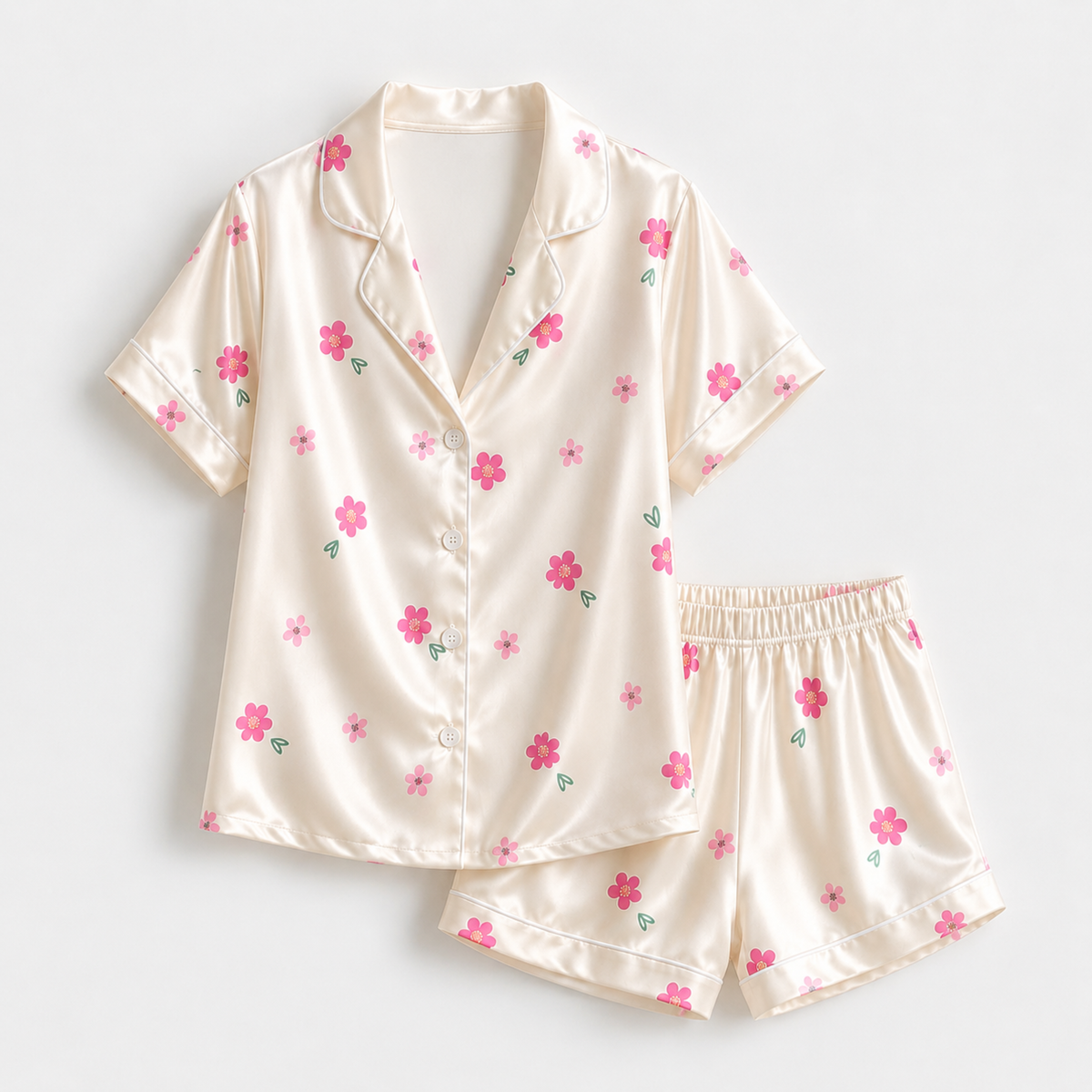 PJ-M303-Botanical Wildflower Satin Pajama Set with Vintage Garden Floral Pattern for Cozy Sleepwear